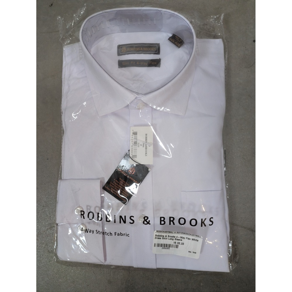 NEW Robbins & Brooks Dress Shirt Men's 15 32/33 White Slim Fit 4-Way Flex Solid